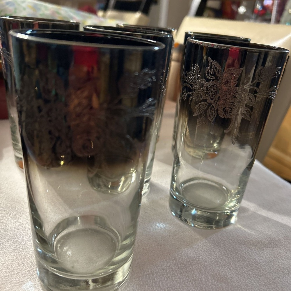 Vintage Dorothy Thorpe Silver Fade Highball Glasses —Set of 6 etched floral